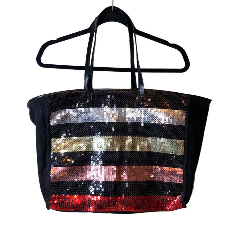 Victoria's Secret Sequin Stripe Tote Bag‎ Black Glam Shopper Large Shoulder Bag